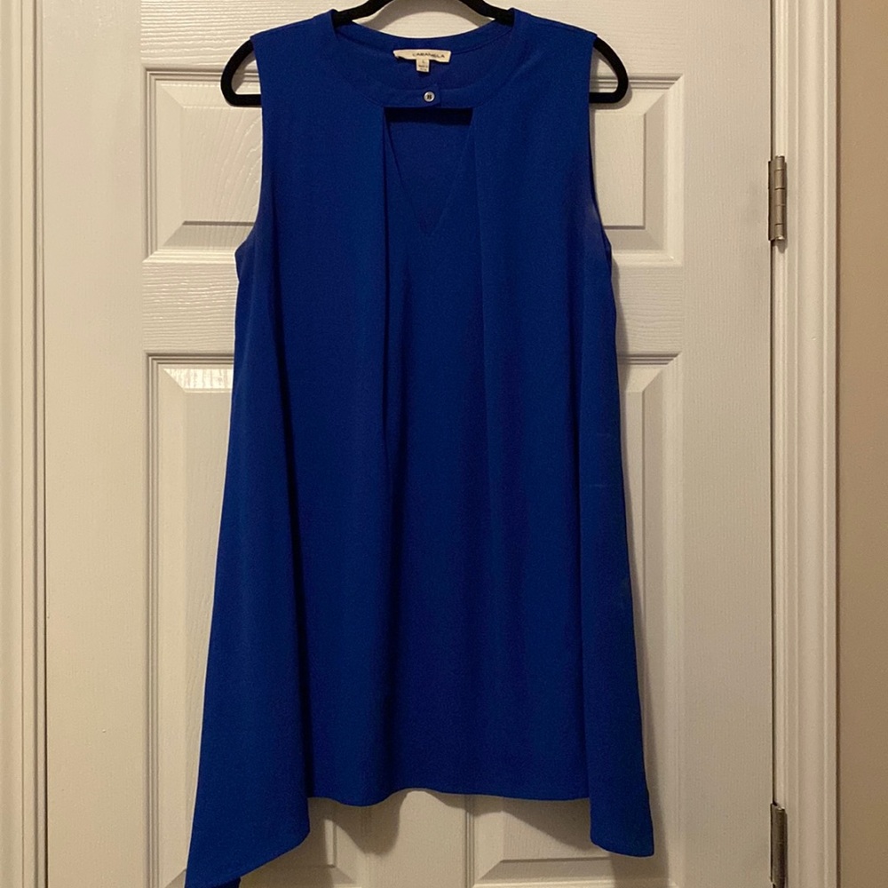 Sleeveless blue dress with button key hole detail